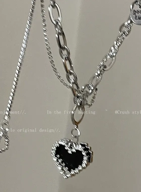 轻奢锆石黑色爱心拼接项链女高级感小众设计锁骨链甜酷风钛钢配饰