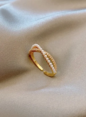 气质交叉珍珠戒指女个性轻奢高级感锆石关节戒指环小众设计食指戒
