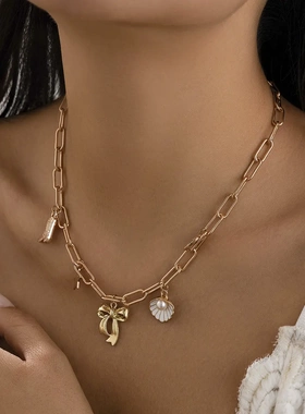 欧美饰品  时尚感结扇贝铁链项链  百搭仿珍珠合金锁骨链