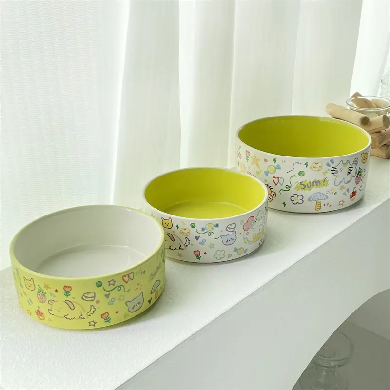 涂鸦内外两色猫碗猫食盆陶瓷狗碗宠物用品猫咪喂水碗防打翻碗