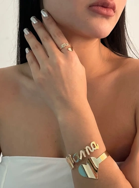 热销欧美几何线条镂空心形k金手镯戒指送母亲节时尚套装饰品