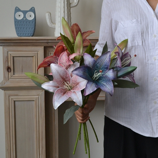 简欧风仿真花复古秋色百合假花3D效果油画花艺家居餐桌茶几装饰