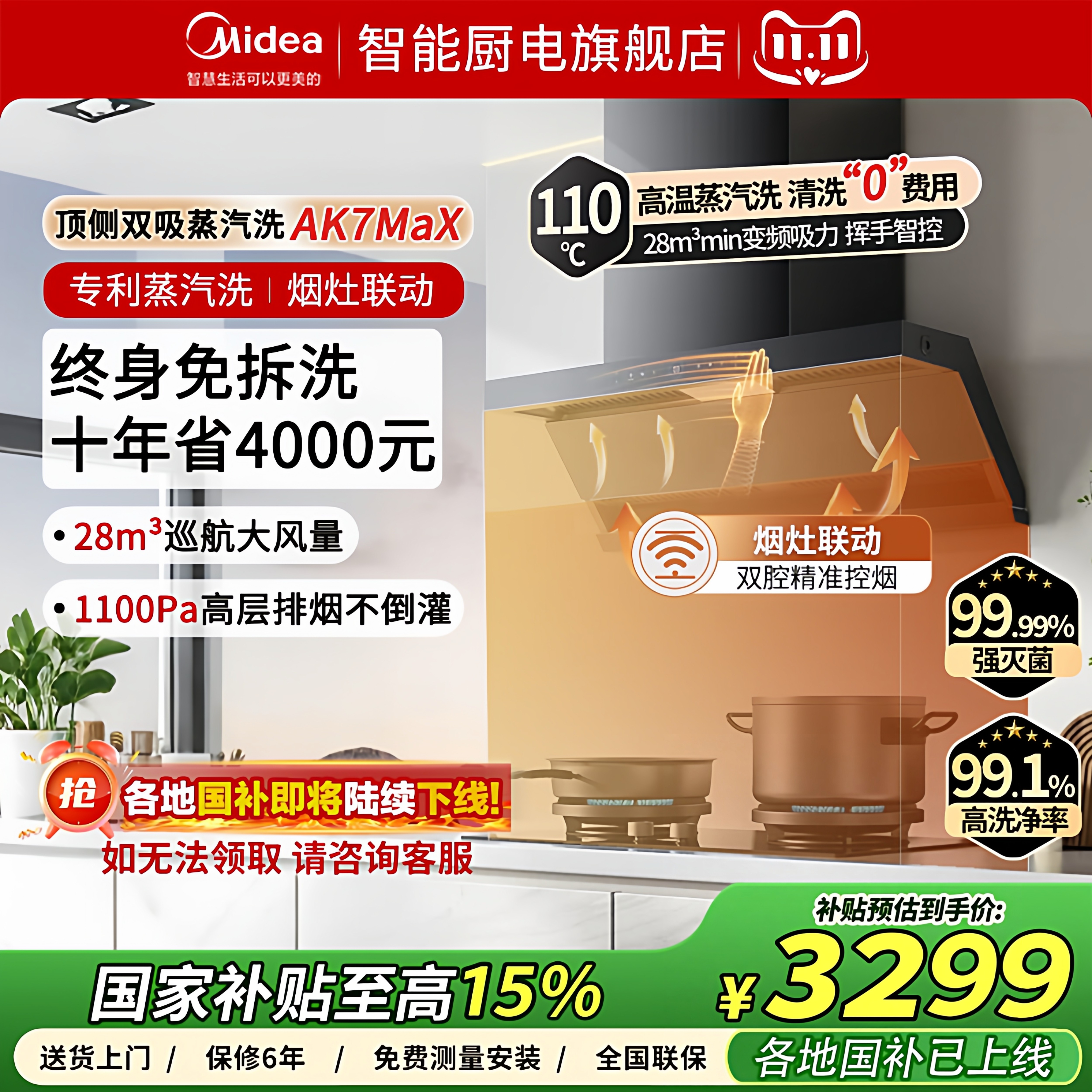 【顶侧双吸】美的蒸汽洗抽油烟机AK7MAX家用厨房变频别墅级大吸