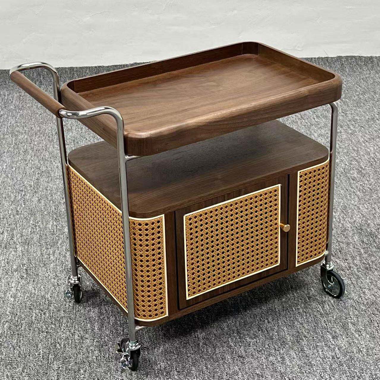 全实木藤编小推车可移动小茶几边几中古角几沙发茶水车置物边柜