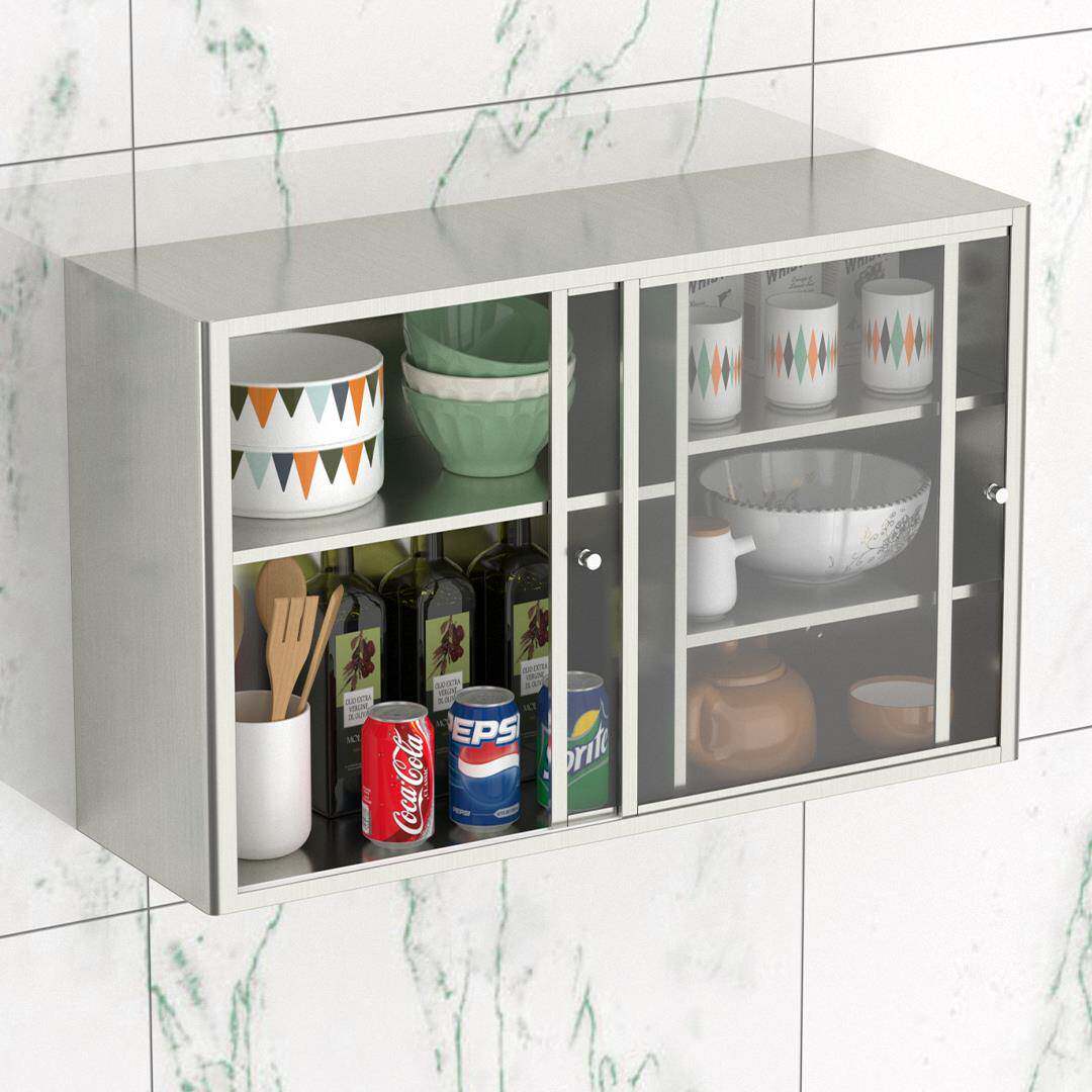 不锈钢钢化玻璃拉门厨房吊柜移门碗盘柜阳台置物架浴室储物墙壁柜