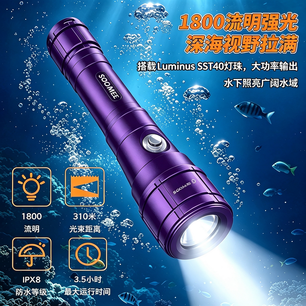 D7S潜水照明手电筒变焦防水深潜