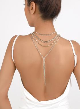 n10325夸张小众时尚水钻颈链 多层轻奢流苏项链晚宴舞会背部饰品