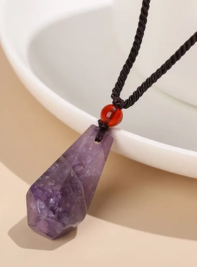 晶德珠宝 天然紫水晶切面原石项链文艺复古黑绳颈链饰品礼物批发