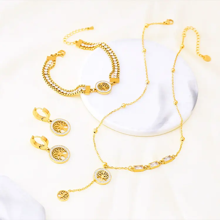 欧美潮流三层锆石手链满钻圆形流苏生命树锁骨吊坠钛钢项链耳环女