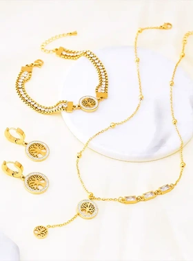 欧美潮流三层锆石手链满钻圆形流苏生命树锁骨吊坠钛钢项链耳环女