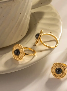 欧美ins风戒指纽扣圆盘半宝石可调节戒指百搭钛钢不掉色戒指电镀