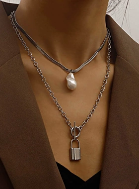 欧美饰品 异形珍珠挂锁吊坠项链女 个性时尚冷淡风双层项饰合金