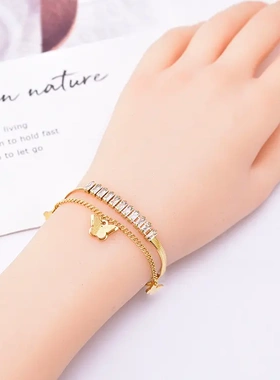 欧美双层手环磨砂不锈钢光面防水防汗手链白色锆石钻饰品钛钢电镀