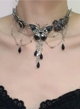 小众设计感复古个性纽扣水晶流苏项链甜酷辣妹锁骨链潮合金电镀