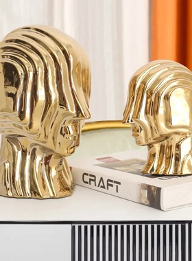 北欧客厅玄关陶瓷人物头像雕塑桌面摆件电镀抽象家居装饰品摆设