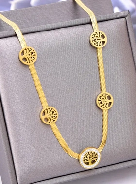 欧美饰品刀片链镂空圆形图案项链钛钢保色电镀生命树满钻吊坠银