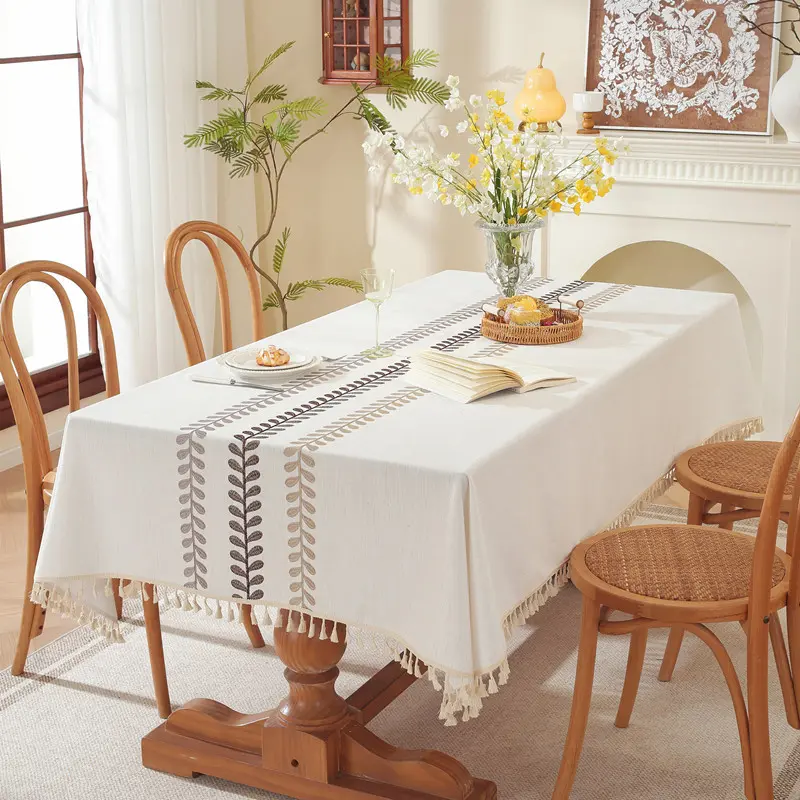 绣花咖啡树叶花朵流苏桌布长方形茶几台布餐桌布茶席140x140防尘