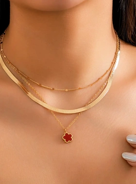 欧美跨境五叶草彩色蛇骨链套装项链女 冷淡风金属neck链条项饰