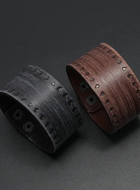 欧美嘻哈饰品简约压印复古做旧牛皮手链朋克风宽皮男士手环皮质