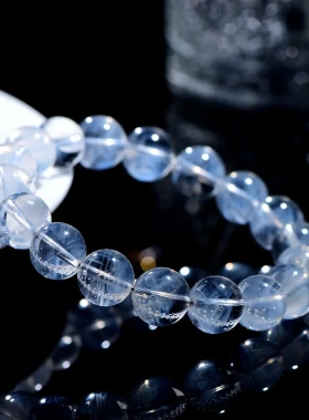 久雅水晶 天然7a级蓝针手链  大颗粒蓝色发晶圆珠手串 打磨几何型