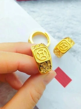 越南沙金男款铜钱戒指金钱方戒 仿黄金开口戒拼多多货源戒指/指环