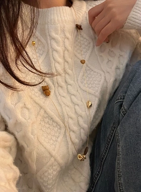 新款秋冬可爱猫咪天然石串珠毛衣链 美拉德风百搭长款项链项饰铜
