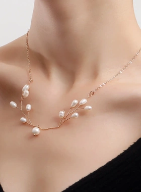 欧美饰品简约手工编织树枝淡水珍珠项链女田园小众设计感项饰合金
