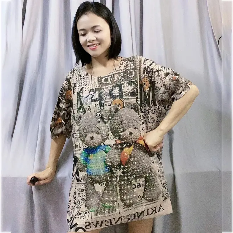高端衬衫女夏季针织小衫短袖印花宽松大码设计感重工烫钻上衣冰麻