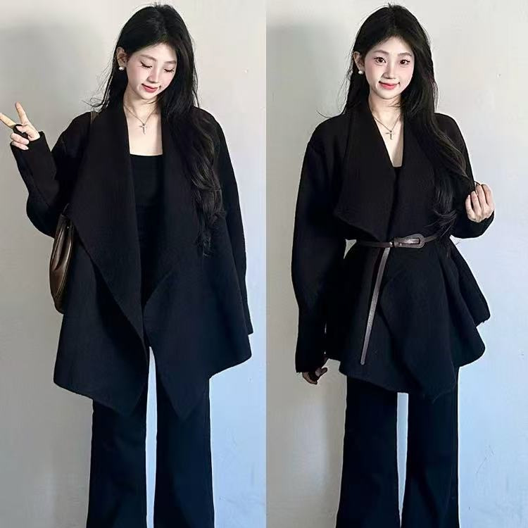 2025新款慵懒风韩系高级感黑色翻领针织开衫毛衣外套女早秋小个子