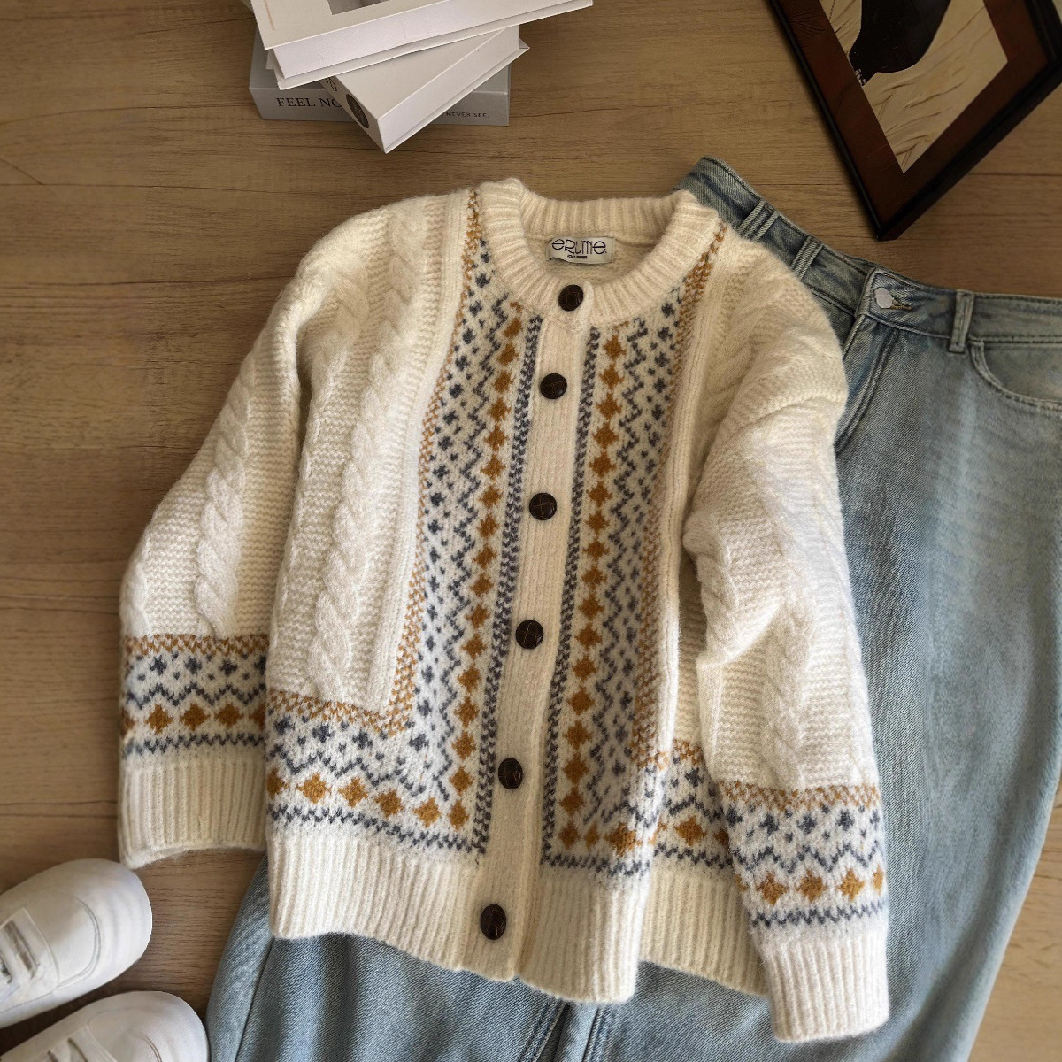 复古慵懒风费尔岛毛衣女秋冬2025新款高级感宽松加厚针织开衫外套