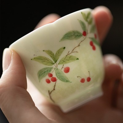 明知山志翠缥车厘子云灵茶杯手绘陶瓷花口品茗杯Y功夫茶具单杯