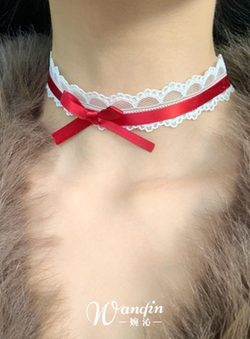 复古甜美蕾丝红色蝴蝶结项链