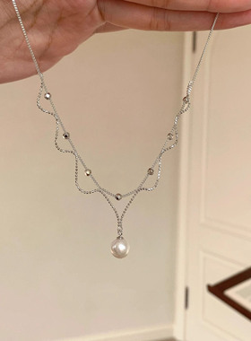 银色蕾丝人造珍珠项链女颈链