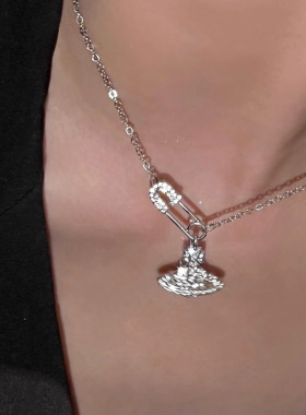 银色土星环别针项链女颈链