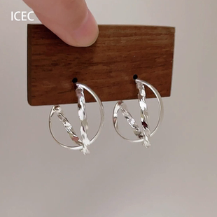 韩系银色扭曲几何双层交叉耳扣耳环女简约个性 轻奢高级感耳钉耳饰