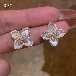 法式复古爆闪四叶花耳钉时尚贵气小众时间耳环轻奢高级感简约耳饰