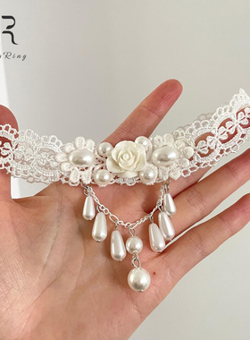 宫廷风白色蕾丝仿珍珠项链女配饰
