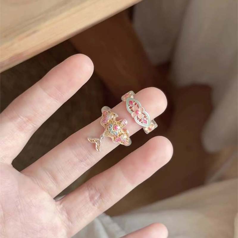 新中式镂空宽面珐琅花纹戒指女