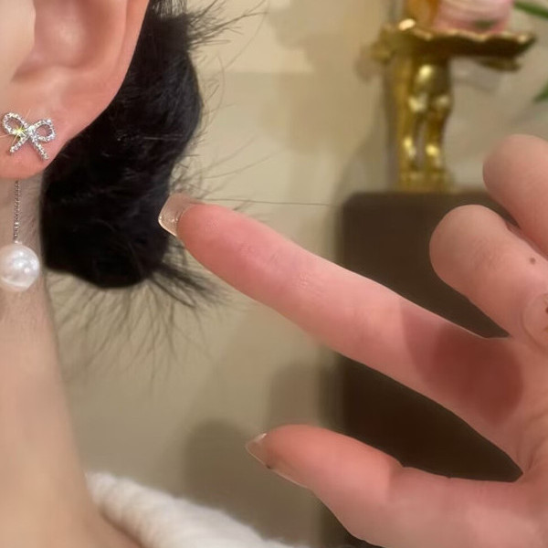 甜美蝴蝶结流苏仿珍珠耳环女