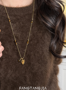 秋冬复古松果吊坠仿虎眼石项链