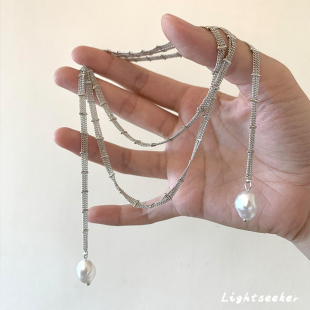 银白色蕾丝链条缠绕项链女款高级感冷淡风长款叠戴仿珍珠锁骨颈链