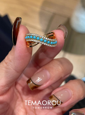 vintager仿松石交错金色戒指女