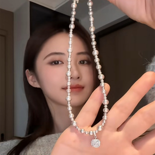 不规则灰色仿水晶珍珠项链女满天星莫桑石方糖吊坠轻奢高级感颈链