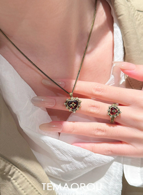 中古金色红宝石爱心吊坠项链女