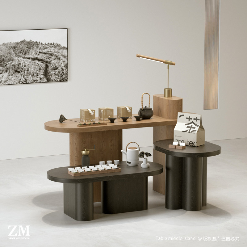 简约茶叶店铺高低流水台产品茶具展示柜促销展示台中岛柜陈列货柜