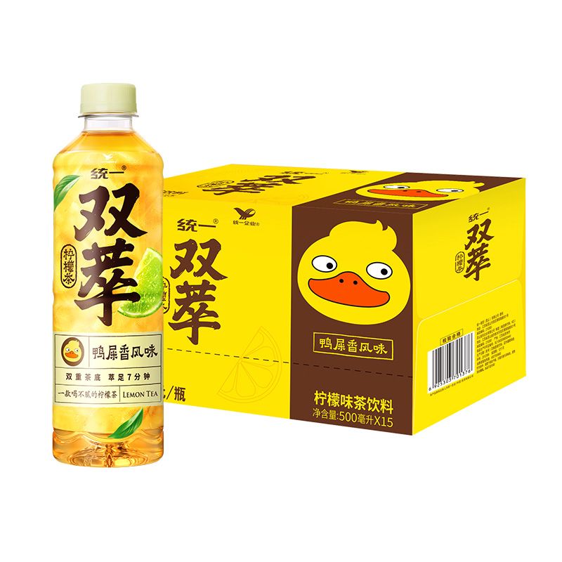 统一双萃柠檬茶鸭屎香风味茶饮料红茶乌龙茶500ml瓶装柠檬味果味
