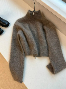 复古咖色半高领马海毛针织开衫女秋冬宽松慵懒毛衣外套水貂绒上衣