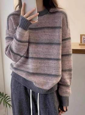 胖妹妹复古减龄条纹针织衫女秋冬大码显瘦慵懒风软糯毛衣打底衫
