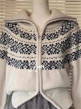 韩版杏色双拉链羊毛针织开衫女秋冬季加厚费尔岛提花高领毛衣外套