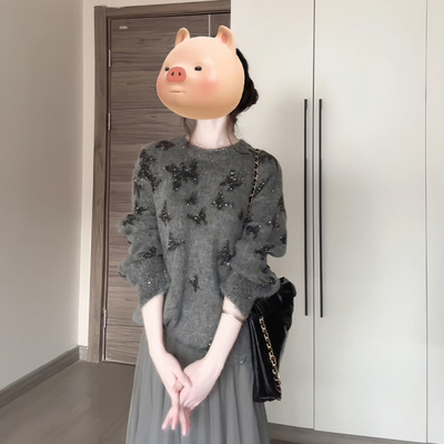 YS复古港风灰色毛衣女秋季新款慵懒风软糯设计感针织衫套头上衣